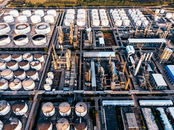 Aerial of Singapore port and tank farms